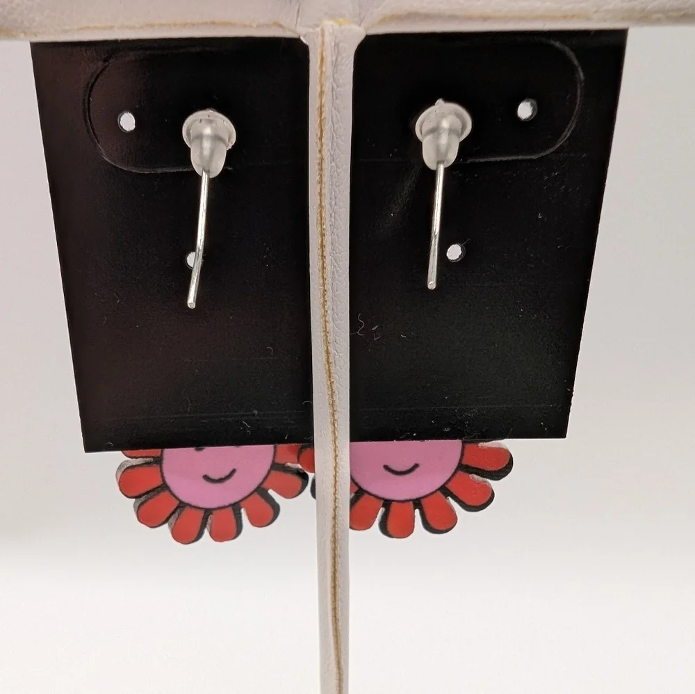 Handmade Smile Flower Hippie Pink Red Dangle Earrings 1.75" NEW - Picture 3 of 3